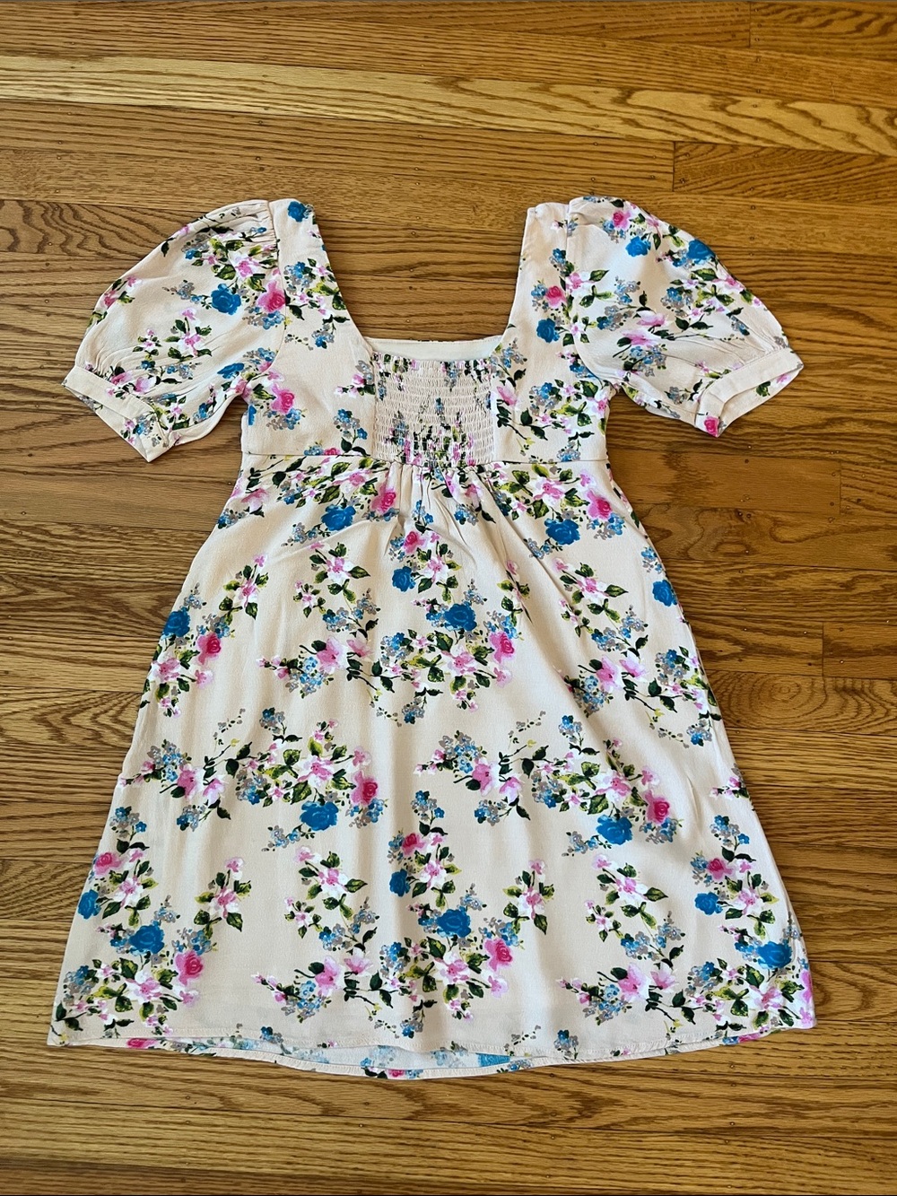 VYLETTE Floral Puff Sleeve Dress XS Cream Pink Blue Smocked Back Cottagecore - Picture 5 of 5